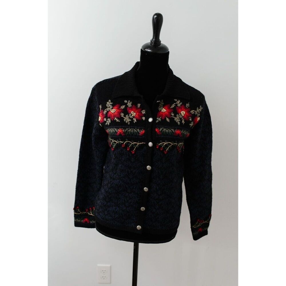 Talbots Sweater S Floral Embroidered Black Cardigan Cottage holiday